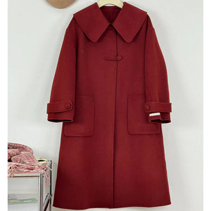 红色双面羊绒大衣2024冬季新款气质中长款外套女娃娃领上衣减龄