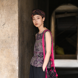 左岸迷香原创设计棉麻针织背心 夏季无袖上衣4012