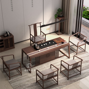 新中式茶桌椅组合实木禅意雕花岩板功夫茶几办公室现代简约泡茶台