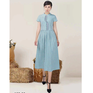 夏季连衣裙女日月坊正品气质收腰显瘦立领短袖小清新a型格子长裙