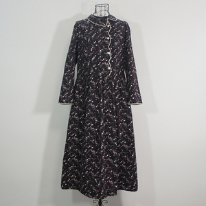 红镯子秋季女优雅民族风复古斜领收腰纯棉磨毛碎花a字中长连衣裙