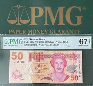 PMG67EPQ 斐济2007年50元 P-113a 评级纸币【CE487284】