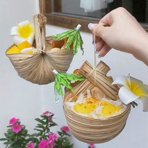 东南亚老挝泰国棕榈叶冰沙碗泰式椰子冰沙篮子奶茶泡鲁达编织提篮