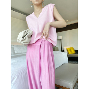 lvva粉色v领冰冰丝针织衫女夏薄款宽松套头纯色无袖上衣背心外穿