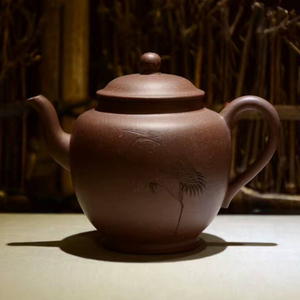 王丽君纯手工紫砂壶思远260cc范列刻绘松鹤泥料宜兴原矿铁砂泥