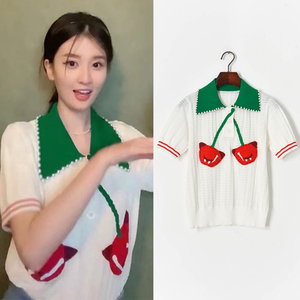 2021春夏乔欣抖音同款t恤polo衫翻领樱桃短袖冰丝针织衫上衣服女