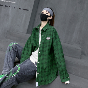 m家潮牌绿色长袖格子衬衫女秋新款2023炸街复古港风工装衬衣外套