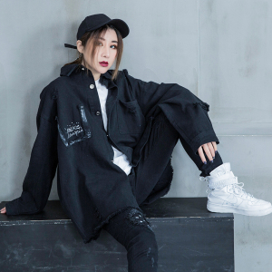 m家2021春季新款衬衫酷酷的外套女嘻哈潮流帅气女装bf风宽