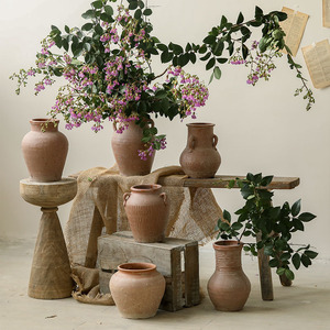 手工双耳红陶土罐陶瓷花瓶 客厅复古粗陶花器摆件 插花装饰花瓶