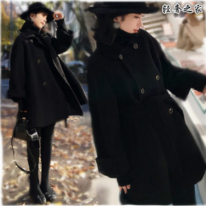 秋冬黑色双排扣宽松双面羊绒外套女 A型经典韩版气质斗篷毛呢大衣