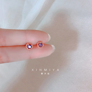 韩国小巧玫瑰金紫水晶锆石耳钉女纯银针2024年新款潮高级感耳饰