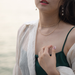 禾子珍宝淡水珍珠项链女长款复古双层叠戴14k注金正品天然锁骨链