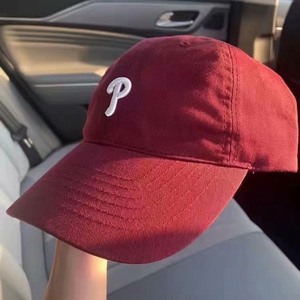 mlb酒红色棒球帽子女p字母同款鸭舌帽