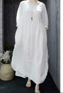 正品壹旧原著夏款清透40支超细纯亚麻宽松圆领落拓白色连衣裙，