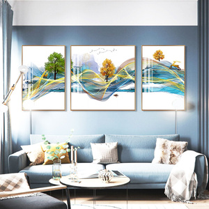现代奢客厅装饰画沙发背景墙2后面三联晶瓷画面挂画玄关餐厅壁画