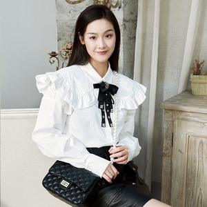 全新ins映氏女装2021新款娃娃领木耳边纯棉衬衫4214
