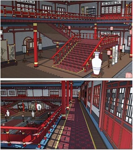 古风客栈酒楼su模型 古代接待厅漫画插画素材
