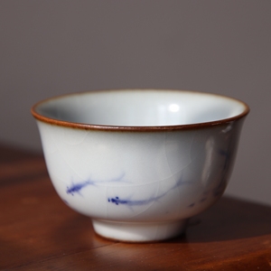 景德镇南山水木 铁胎汝釉青花凤逸杯 开片可养 汪石云手绘