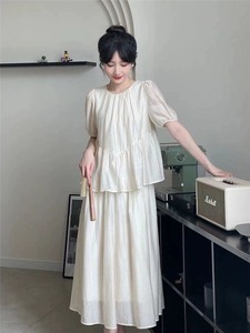 【清平小调-有袖版】连衣裙新中式假两件夏季显瘦感白色a字裙