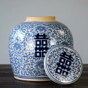 《捡漏》双喜青花罐 喜字罐瓷器 喜子坛子 喜子罐青花瓷器古董