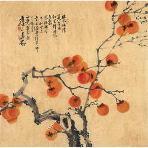 王泽宇《鸿运当头》写意手绘柿子螳螂四尺斗方国画真迹原稿拍卖