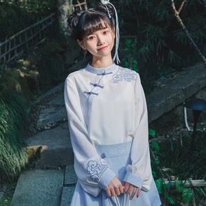 布衣酱汉元素古风立领长袖t恤女2019春装新款改良汉服灯笼袖