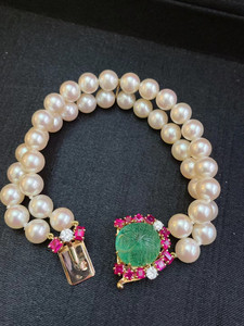 卡地亚cartier古董珍珠手链,18k金,主石祖母绿,约1