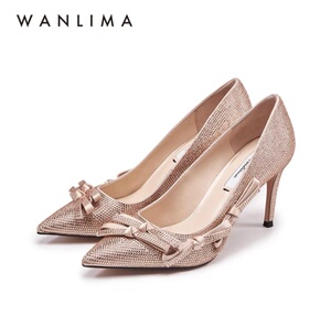 WANLIMA万里马水钻蝴蝶结尖头高跟鞋单鞋女鞋