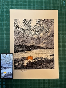 梵高凡高星夜星空黑白画画插画高清装饰画非油画