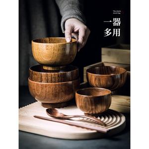 日式木制酸枣木碗木质米饭碗大号汤面碗勺儿童木头碗家用创意餐具