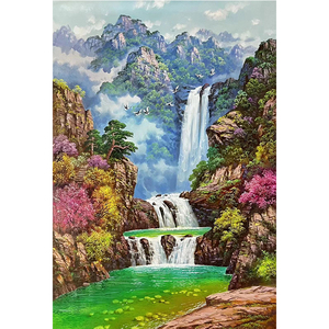 朝鲜油画 功勋艺术家 金哲 风景《瀑布2》纯手绘客厅孤品竖幅风水