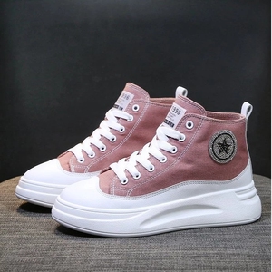 带钻高帮帆布鞋女高筒板鞋高腰中帮学生休闲鞋松糕厚底亮钻鞋子潮