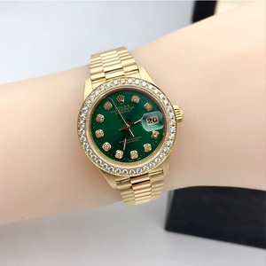 5新]劳力士日志型机械女金表后镶钻绿盘女表69178