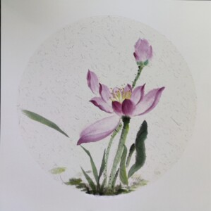 纯手绘写意荷花图,卡纸画,圆心是宣纸.无需装裱,直接装相框效