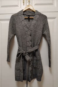 灰色开衫毛衣中长款女秋冬几乎全新有腰带35%羊毛