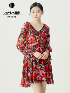 【官方正品】AMASS 阿玛施复古浪漫红色印花飘纱洋装连衣裙