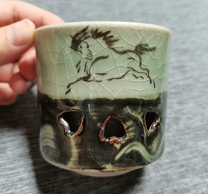 日本回流瓷器 相马烧  老相马    镂空主人杯