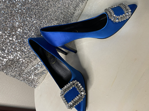 rv钻扣真丝缎面蓝色女士高跟鞋35码 搬家98包邮便宜出!