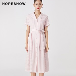 红袖中长款衬衫连衣裙夏季粉红色白色条纹系带单排扣短袖系带收腰