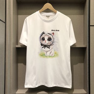 miumiu猫咪印花短袖t恤缪缪小猫图案半袖