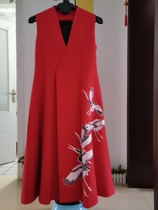 无袖连衣裙超长外套大摆连衣裙红色仙鹤刺绣喜庆时尚新年外搭