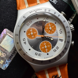 中古swatch2004橙色熊猫雅典运动会纪念版三眼计时手表