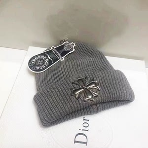 帽子女秋冬针织欧美风克罗心毛线帽拼皮灰色