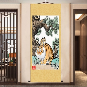 猛虎上山下山唐伯虎虎啸山林图山居图恶搞搞笑字画装饰画沙发背景