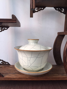 龙泉青瓷林孝龙月白釉铁线三才盖碗全手工铁胎盖碗功夫茶具