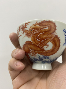 余寅窑 余国旺造 斗彩双龙 鸡心杯 双龙戏珠