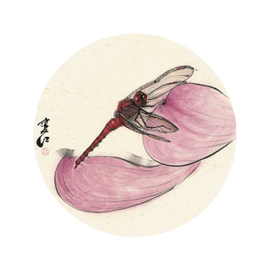 【免费裱框】窦红《静听大千》写意手绘红蜻蜓国画真迹原稿拍卖