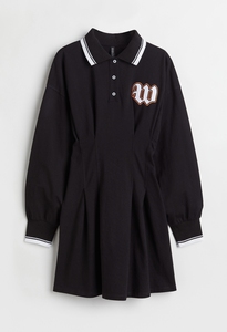 HM新款纯棉衬衫式Polo领黑色连衣短裙