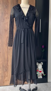 【全新】北欧设计师品牌黑色网眼浴袍式系带连衣裙S码