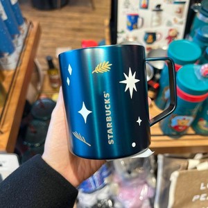 韩国星巴克圣诞限定蓝色不锈钢把手杯茶缸